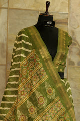 Mehendi green Ikat print semi  daily wear saree