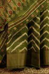 Mehendi green Ikat print semi  daily wear saree