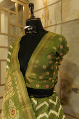 Mehendi green Ikat print semi  daily wear saree