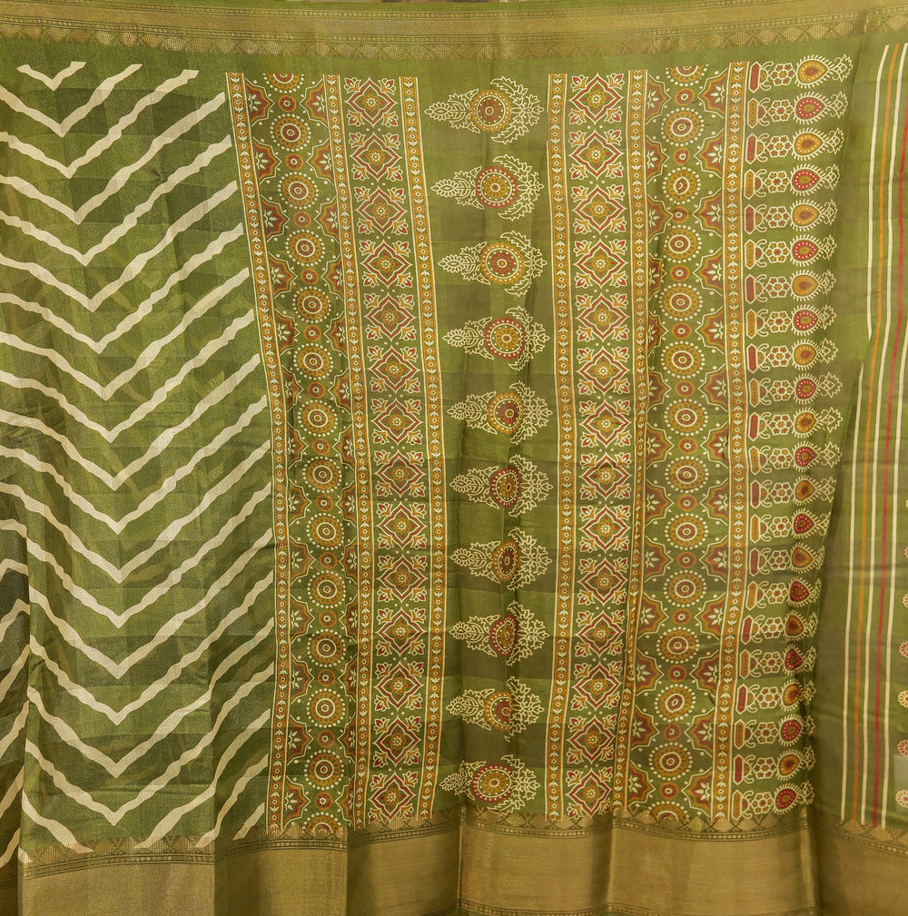 Mehendi green Ikat print semi  daily wear saree