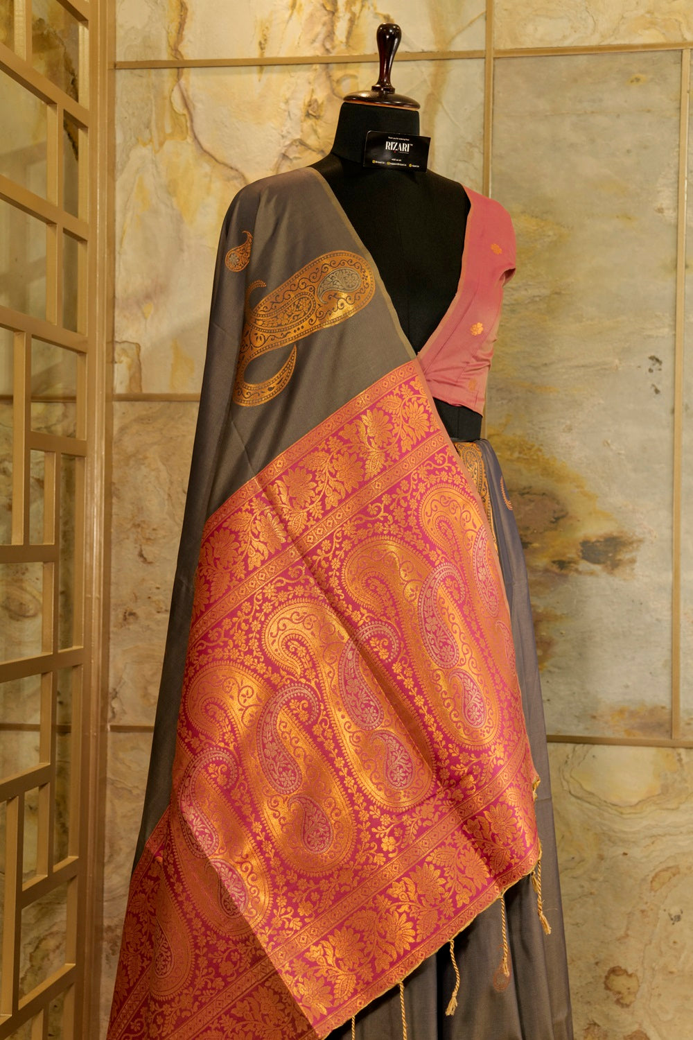 Soft silk Grey - pink saree with motifs woven all Over saree in copper