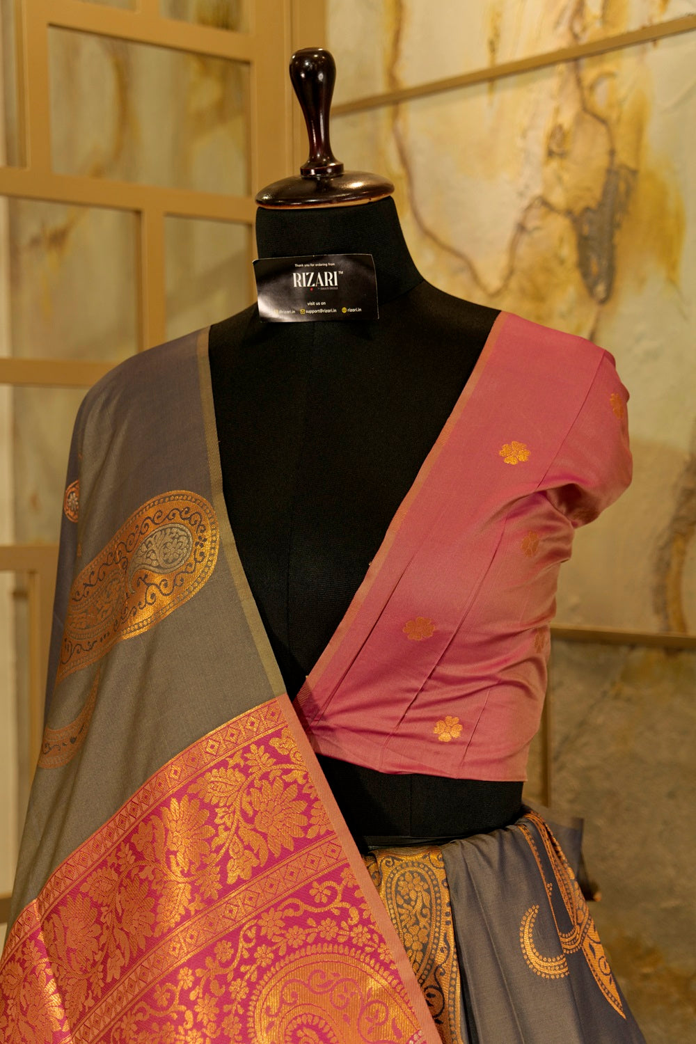 Soft silk Grey - pink saree with motifs woven all Over saree in copper