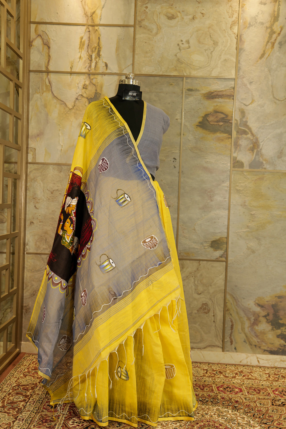 Hand Painted Lemon Yellow Cotton Saree with grey pallu