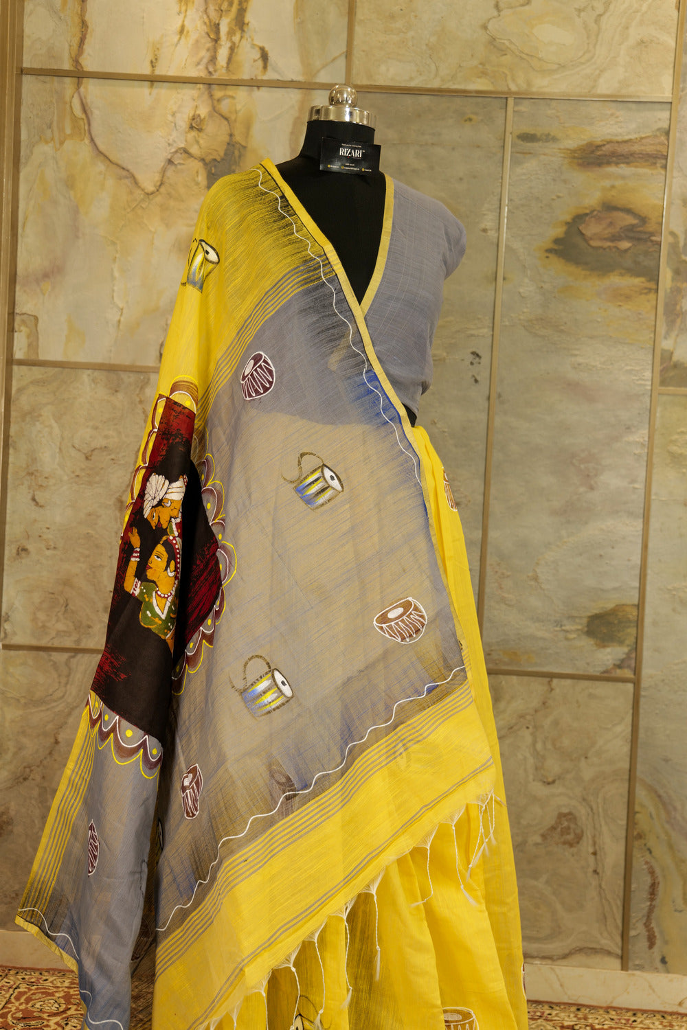 Hand Painted Lemon Yellow Cotton Saree with grey pallu