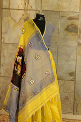 Hand Painted Lemon Yellow Cotton Saree with grey pallu