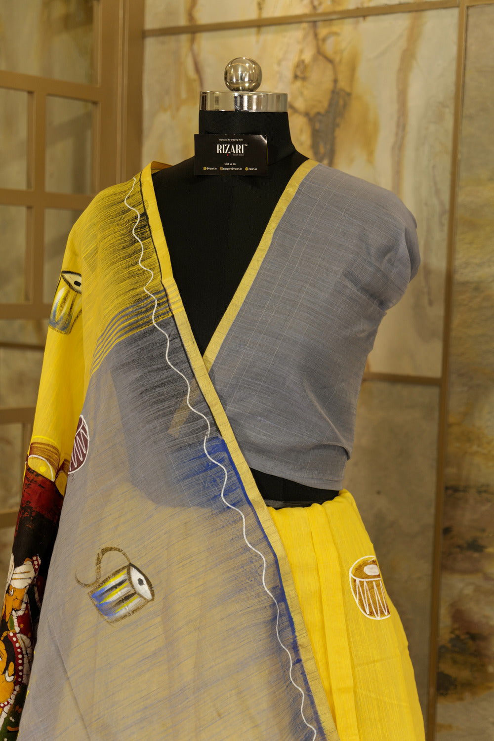 Hand Painted Lemon Yellow Cotton Saree with grey pallu