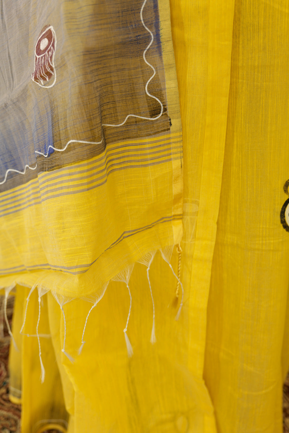 Hand Painted Lemon Yellow Cotton Saree with grey pallu