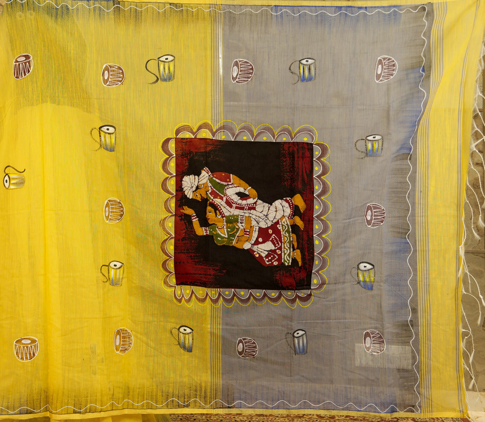 Hand Painted Lemon Yellow Cotton Saree with grey pallu