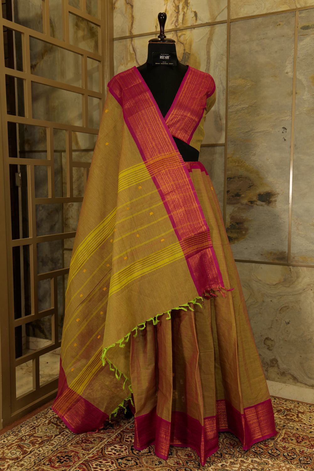 Mehendi Green & Pink Chettinad Cotton Saree