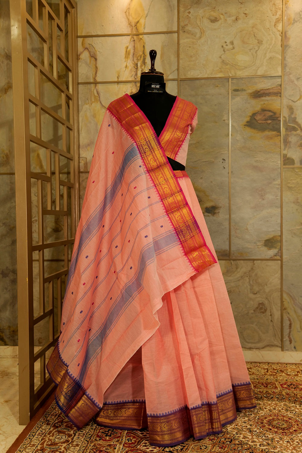 Peach  Chettinad cotton saree  with Ganga Jamuna temple borders with buttas in pink and purple