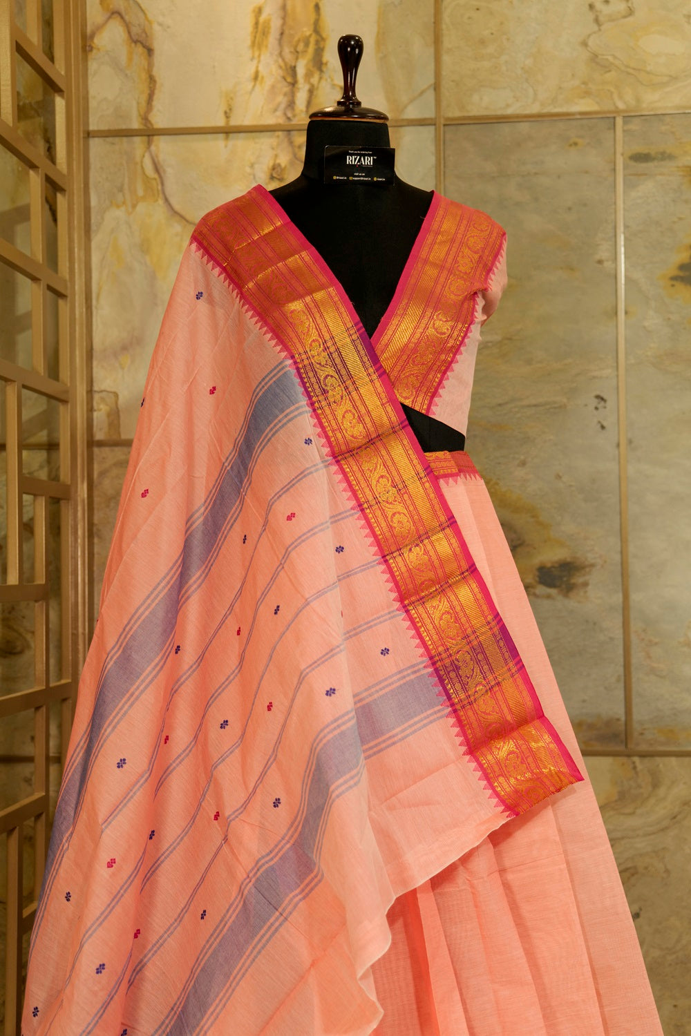 Peach  Chettinad cotton saree  with Ganga Jamuna temple borders with buttas in pink and purple