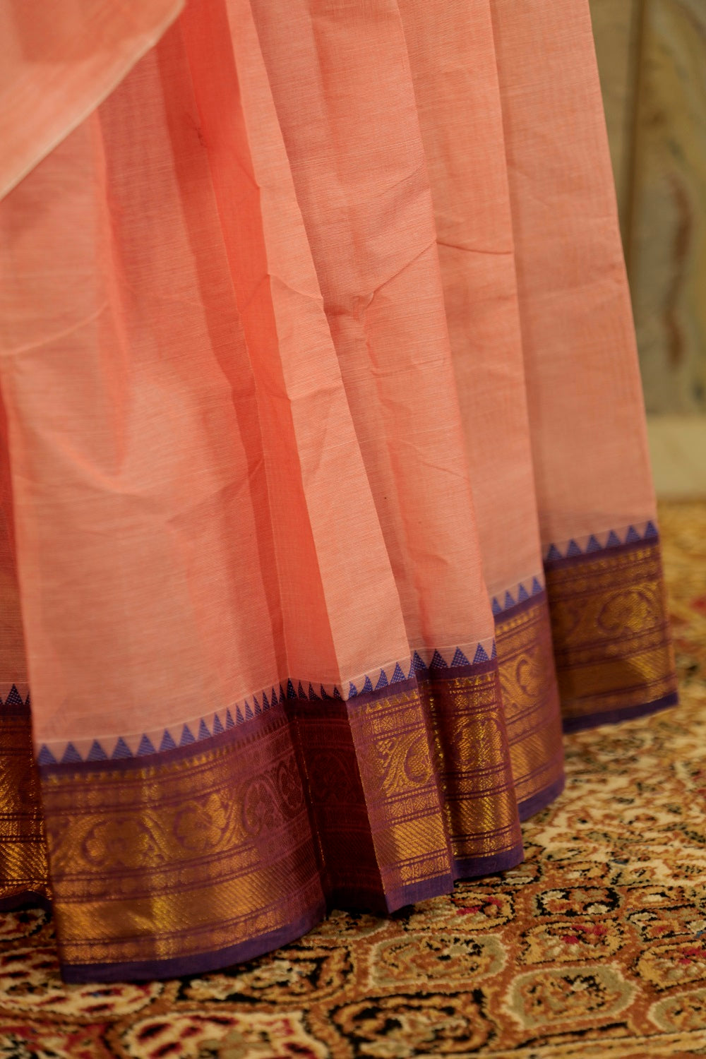 Peach  Chettinad cotton saree  with Ganga Jamuna temple borders with buttas in pink and purple