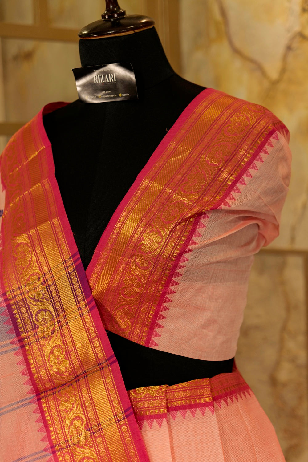 Peach  Chettinad cotton saree  with Ganga Jamuna temple borders with buttas in pink and purple