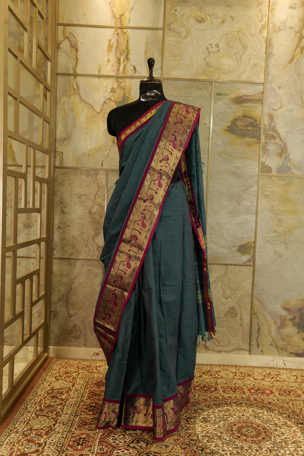 Chettinad cotton Peacock green plain Saree with contrast marron border with beautiful peacock motif weaved on jacquard palllu