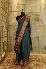 Chettinad cotton Peacock green plain Saree with contrast marron border with beautiful peacock motif weaved on jacquard palllu