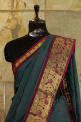 Chettinad cotton Peacock green plain Saree with contrast marron border with beautiful peacock motif weaved on jacquard palllu