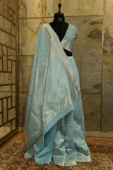 Light blue soft silk saree with silver weaving all over body with borders