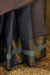 Dual tone Blue chettinad cotton saree with one sided broad boarder with peacock and traditional floral designs in gold