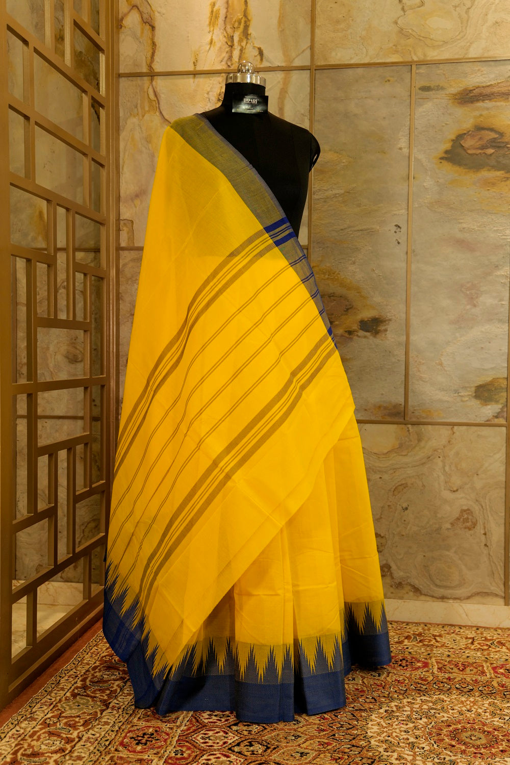 Yellow Chettinad Cotton Saree with Blue Temple border