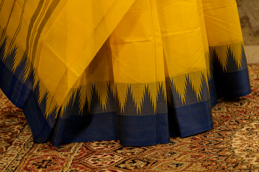 Yellow Chettinad Cotton Saree with Blue Temple border