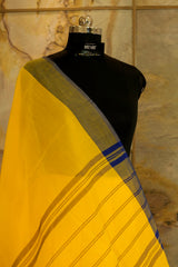 Yellow Chettinad Cotton Saree with Blue Temple border