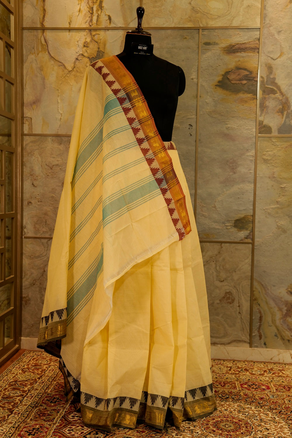 Pearl / Off White plain chettinad cotton saree with ganga jamuna border  in maroon and black, beautiful peacock motifs woven in Jari on both the borders