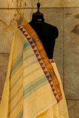 Pearl / Off White plain chettinad cotton saree with ganga jamuna border  in maroon and black, beautiful peacock motifs woven in Jari on both the borders