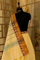 Pearl / Off White plain chettinad cotton saree with ganga jamuna border  in maroon and black, beautiful peacock motifs woven in Jari on both the borders