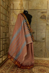 Light brown chettinad cotton saree with ganga jamuna borders with delicate peacock motifs & temple border design