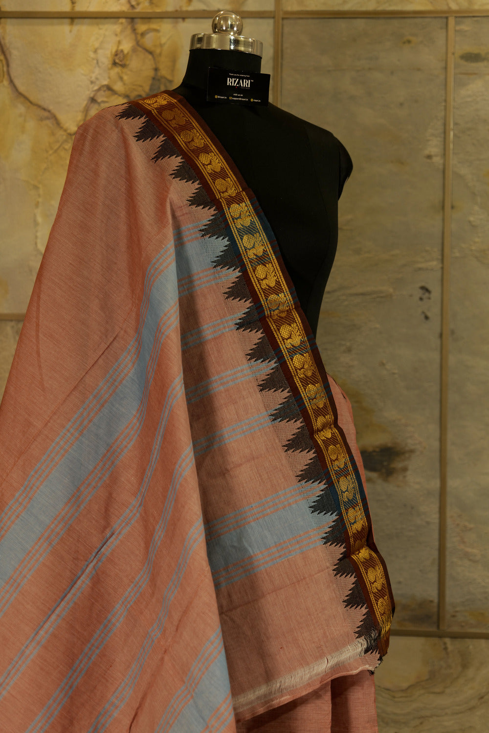 Light brown chettinad cotton saree with ganga jamuna borders with delicate peacock motifs & temple border design