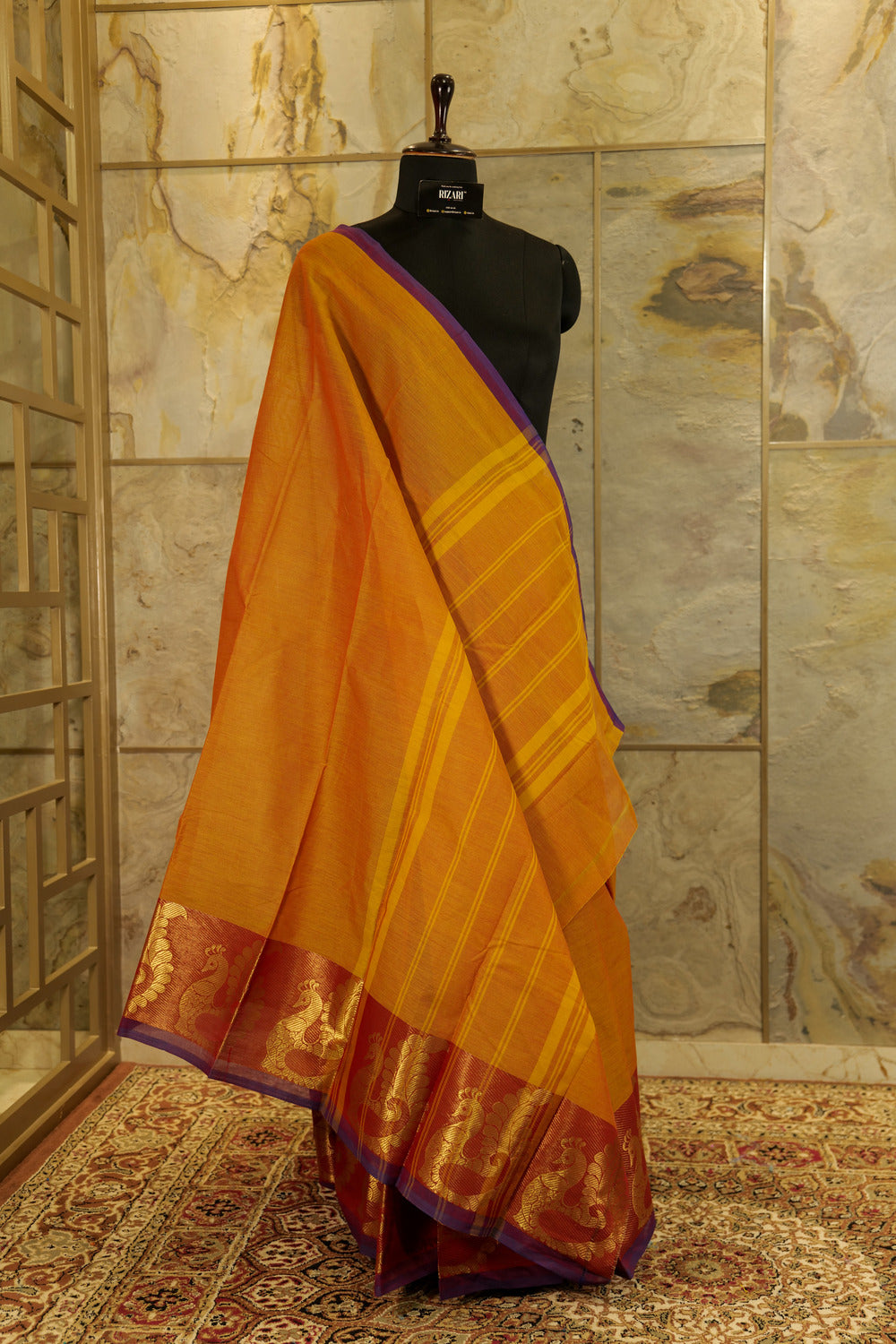 Dual tone Orange-purple chettinad cotton saree with broad Jari border with beautiful peacock figures woven on one border