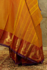 Dual tone Orange-purple chettinad cotton saree with broad Jari border with beautiful peacock figures woven on one border