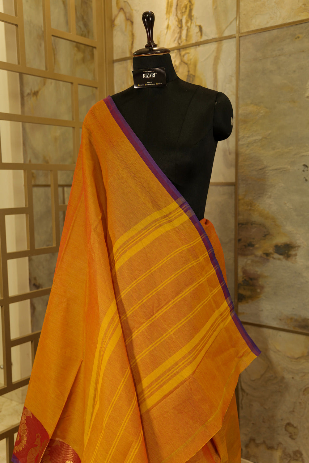 Dual tone Orange-purple chettinad cotton saree with broad Jari border with beautiful peacock figures woven on one border