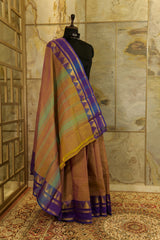 Brown - purple  dual tone chettinad cotton saree with broad traditional temple borders on both the sides