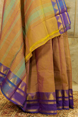 Brown - purple  dual tone chettinad cotton saree with broad traditional temple borders on both the sides