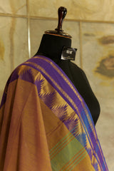 Brown - purple  dual tone chettinad cotton saree with broad traditional temple borders on both the sides