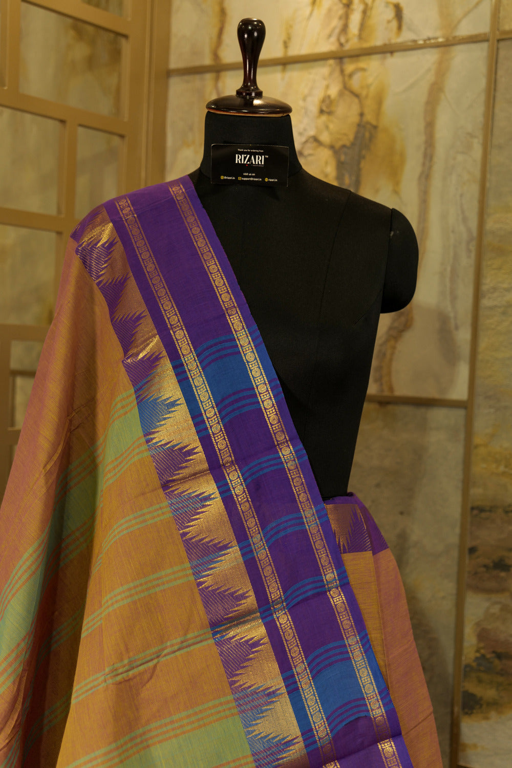 Brown - purple  dual tone chettinad cotton saree with broad traditional temple borders on both the sides