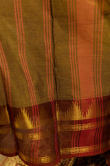 Dual tone Brown chettinad cotton saree with Ganga jamuna borders, Marron and Green temple broad Jari borders with traditional temple design