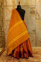 Brown-purple dual tones chettinad cotton saree with dark brown border on one side with bird figure woven inside a circle