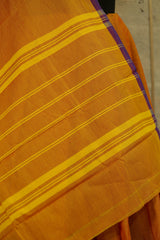 Dual tone Orange-purple chettinad cotton saree with broad Jari border with beautiful peacock figures woven on one border