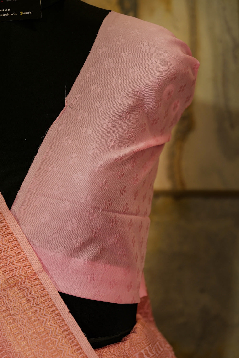 Light pink soft silk all over brocade work in rose gold color