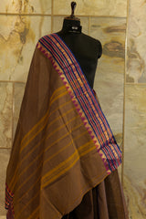 Dual toned brown-orange chettinad cotton saree with purple contrast temple borders on both the sides