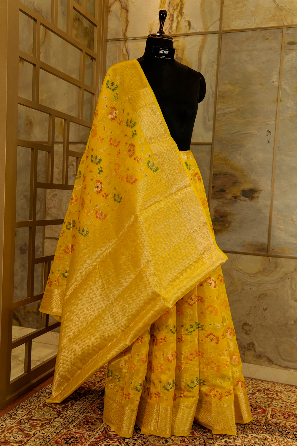 Yellow Banarasi Tilfi Jaal work all over body, Brocade yellow Pallu with same blouse piece