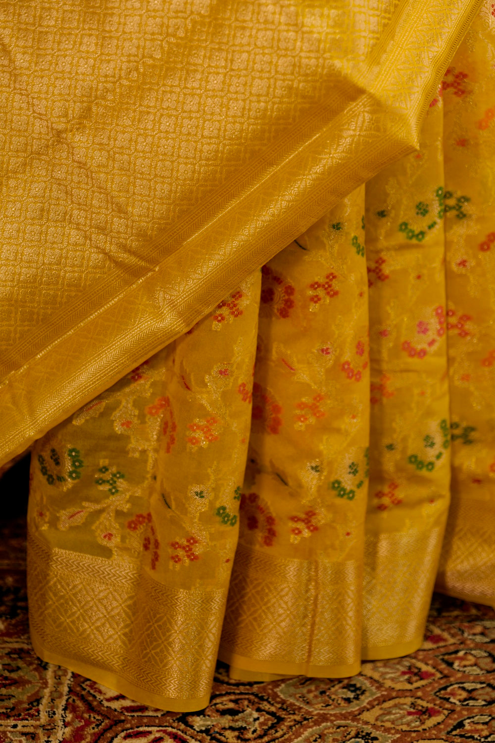 Yellow Banarasi Tilfi Jaal work all over body, Brocade yellow Pallu with same blouse piece