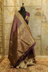 Dark purple soft all over brocade banarasi pattern with matt weaving