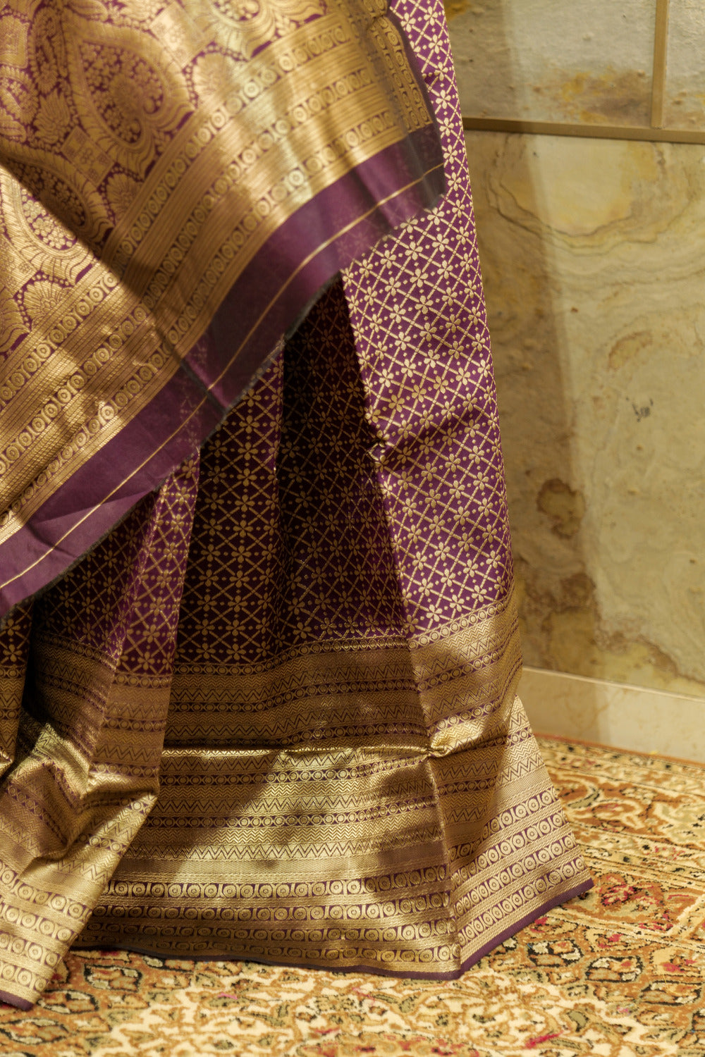 Dark purple soft all over brocade banarasi pattern with matt weaving