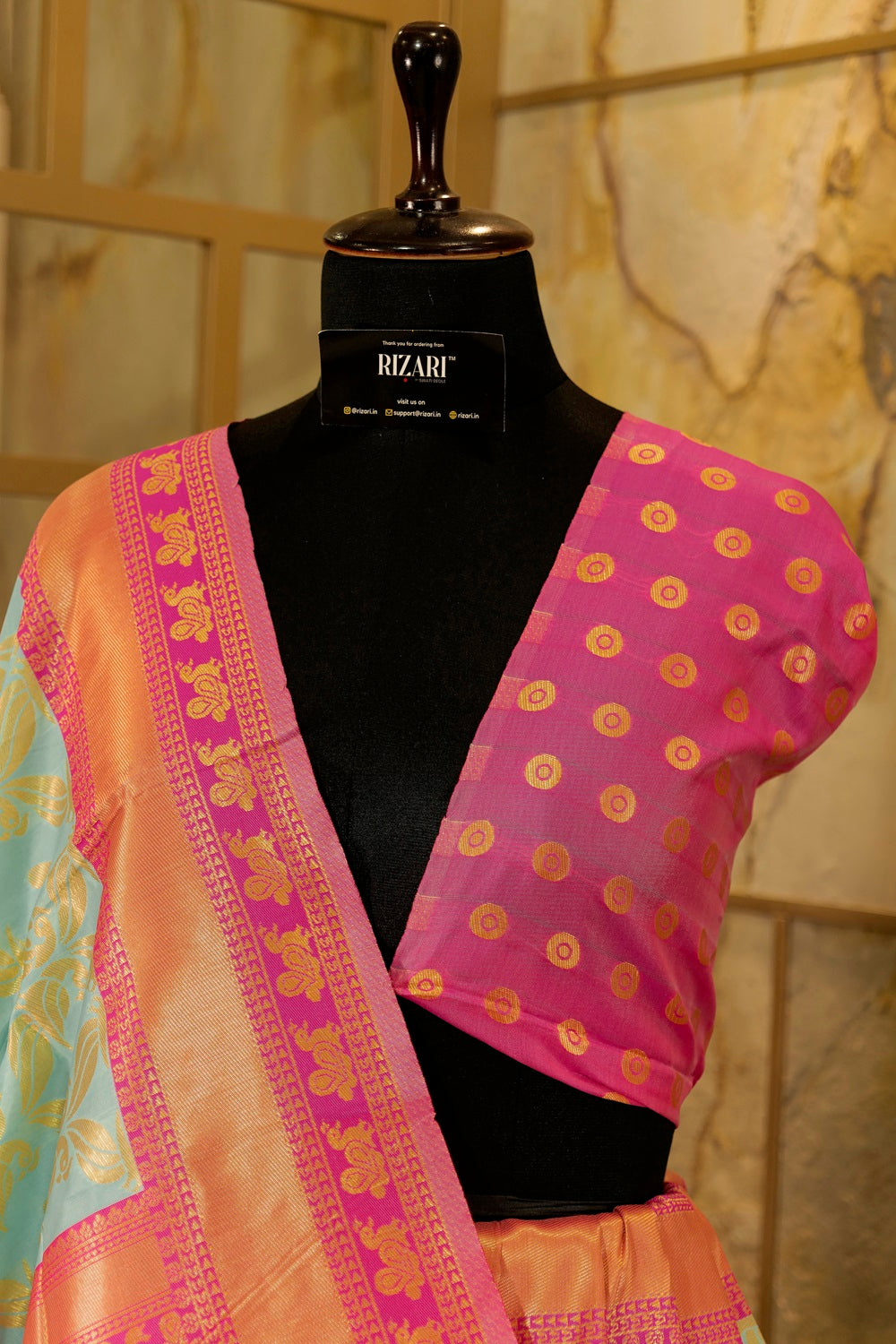 pastel blue soft banarasi pattern saree with woven peacock motifs all over - pink contrast Pallu and border