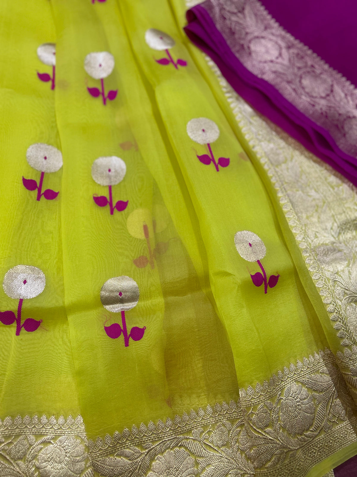 Lemon Yellow Kora Silk Handloom Banarasi Sarees