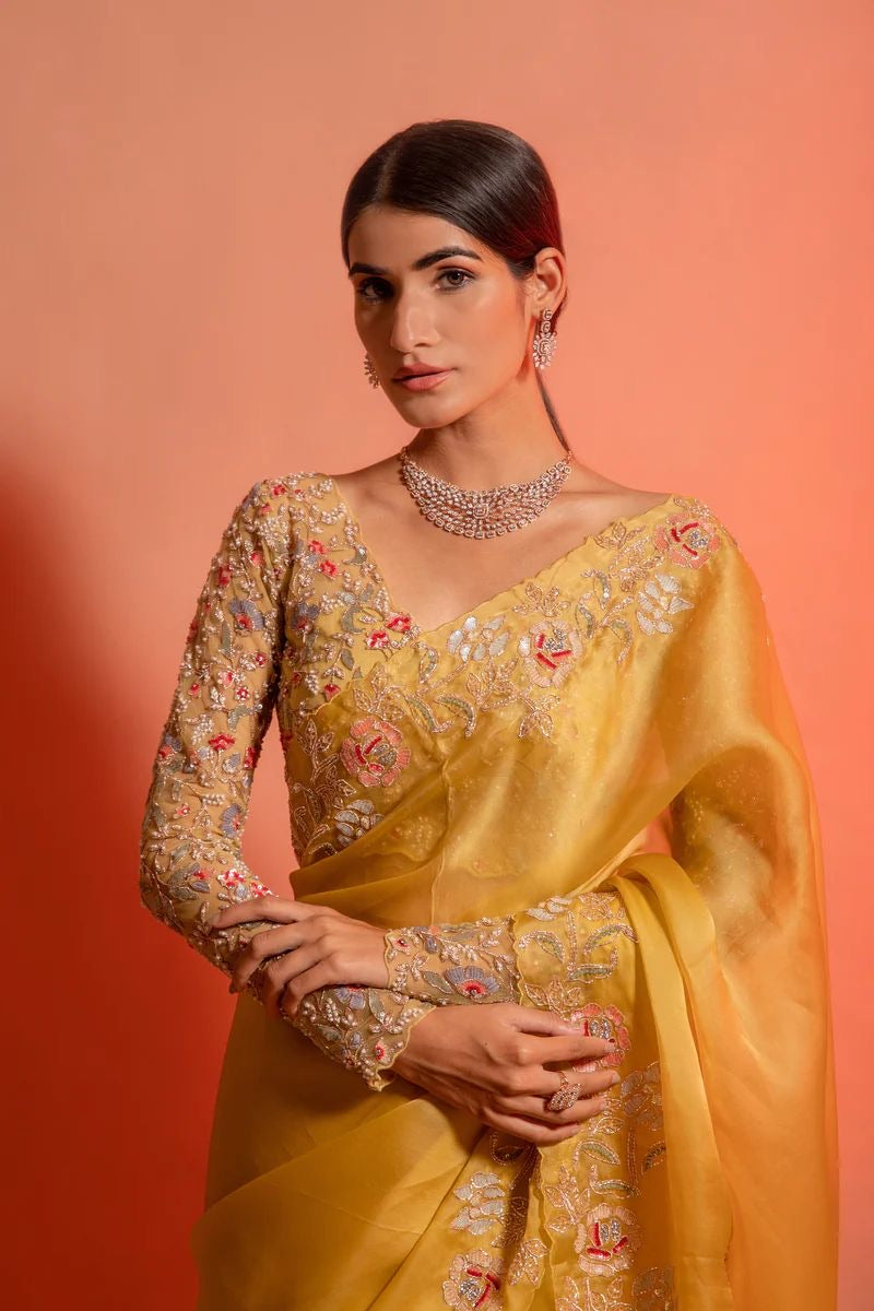 Yellow Soft Organza Party-wear saree