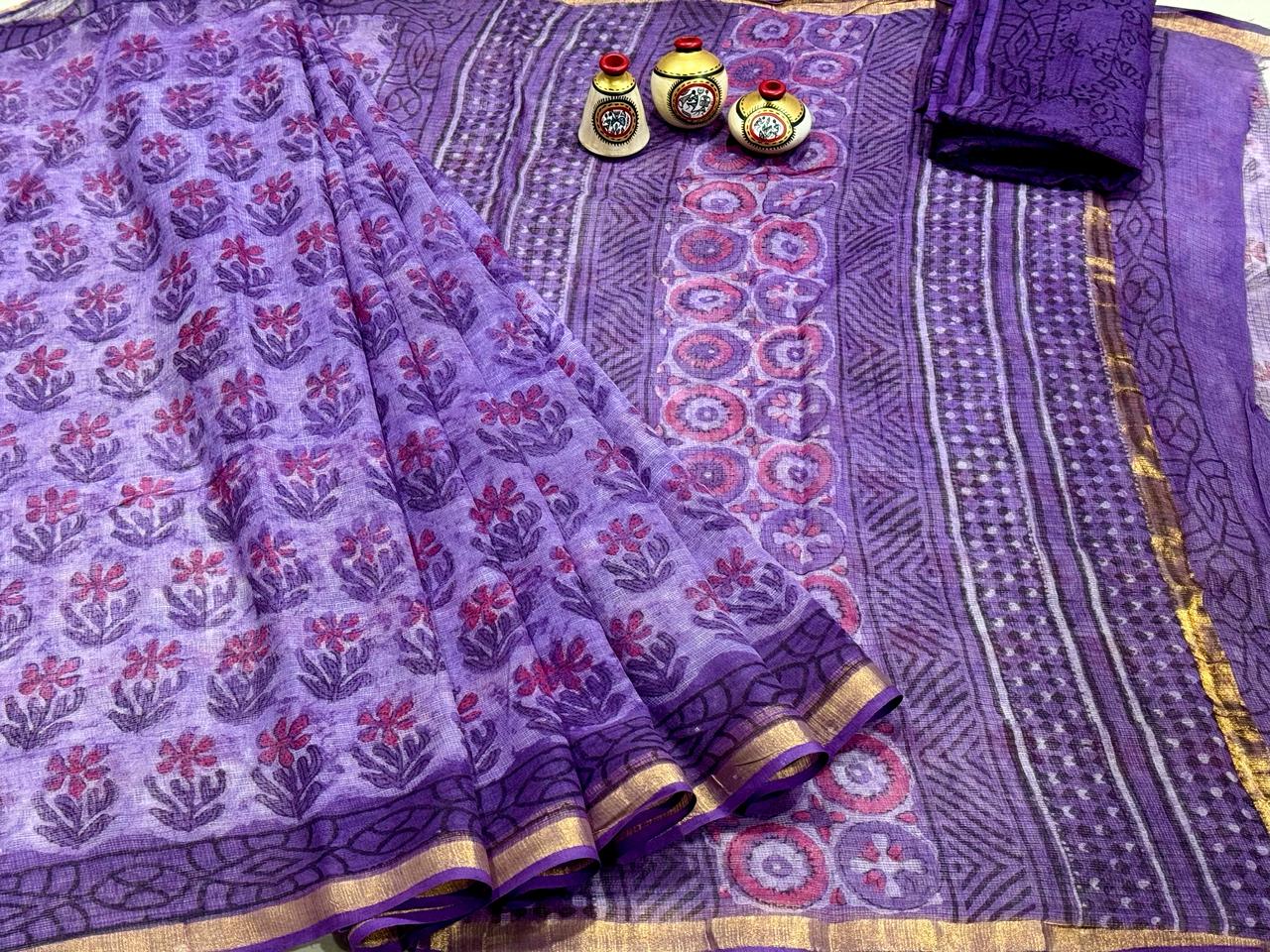 Kota Doria Block Printed Sarees